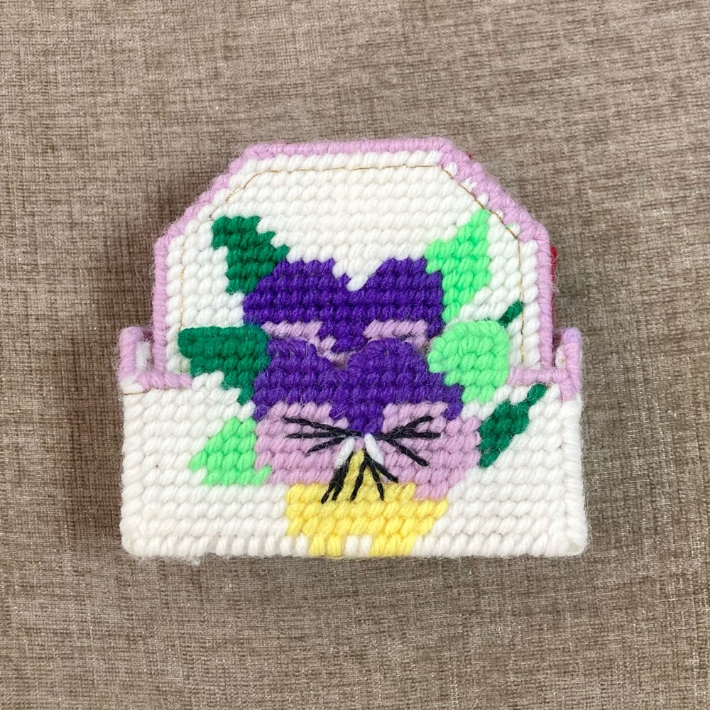 Handmade Pink and Purple Pansy Cross-Stitch Coin Pouch - Kids Accessories